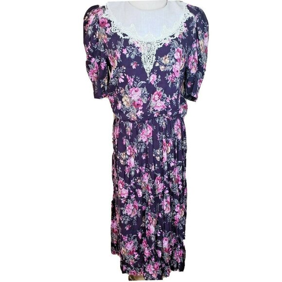 Vtg 80's Floral Dress Cottage Prairie Lace Traditional Garden Party Blue Medium - Picture 1 of 12